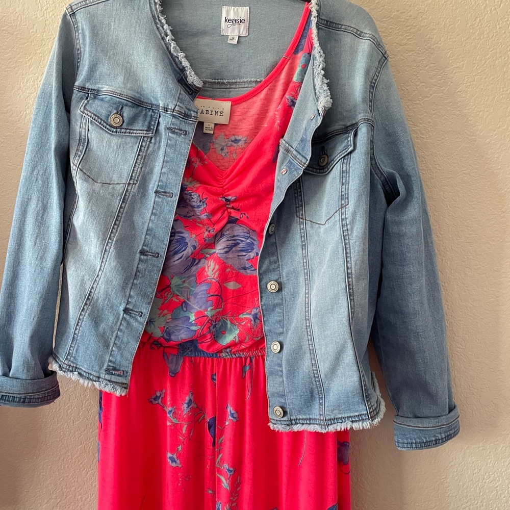Sabine Bright Neon Pink Maxi Tank Dress with Blue Tulips and Poppies , large